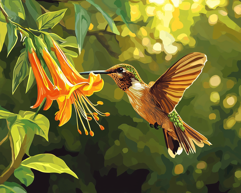 Hummingbird and Blooms